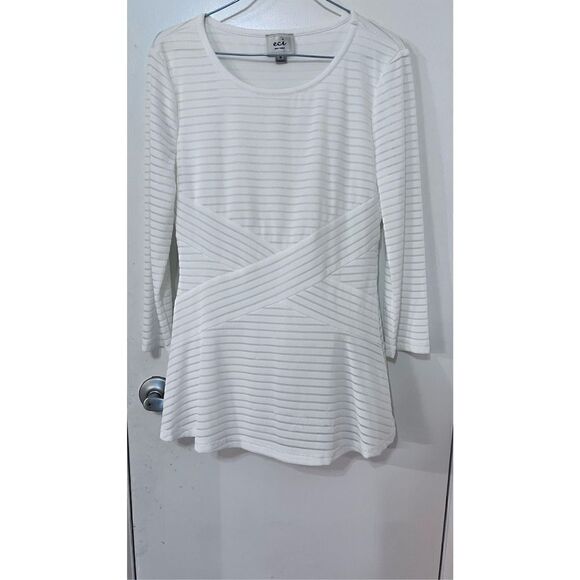 Eci Womens Ribbed Striped Long Sleeve Fit & Flare Dress White Silver Size Medium - Picture 3 of 9